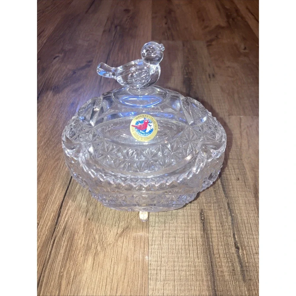 Hofbauer‎ Byrdes Crystal Covered Candy Dish Compote Footed Bird Pattern Germany